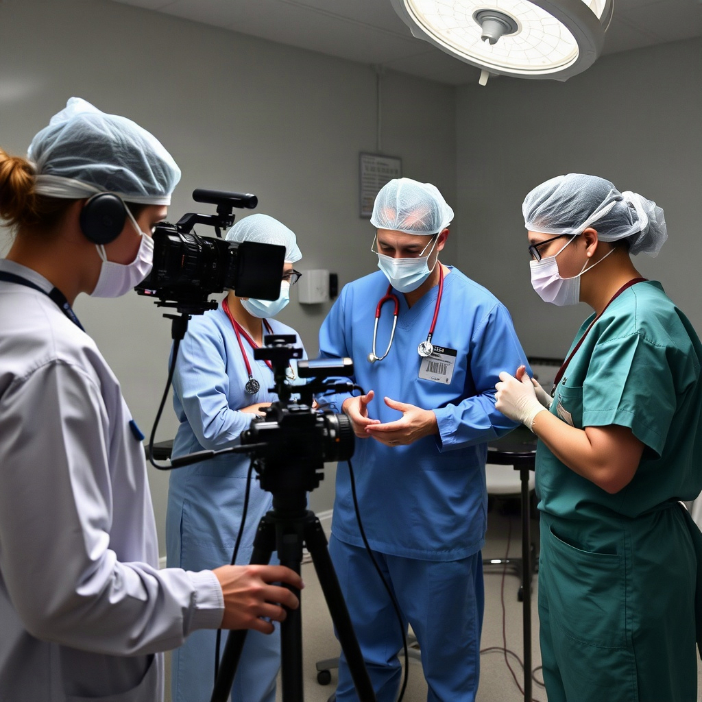 Regional medical staff collaborating during filming